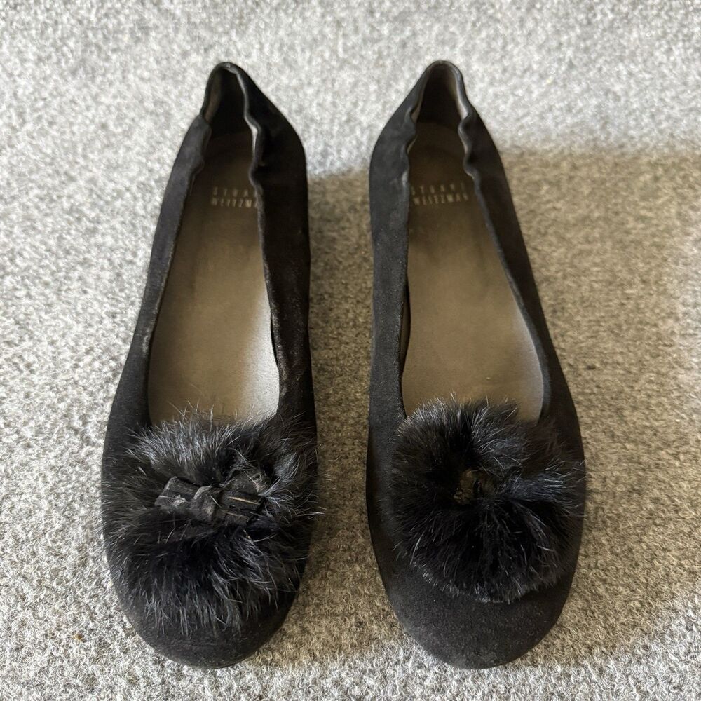 Stuart Weitzman Black Suede Slip-On Ballet Flat Fur Trim Round Toe US 8.5 N